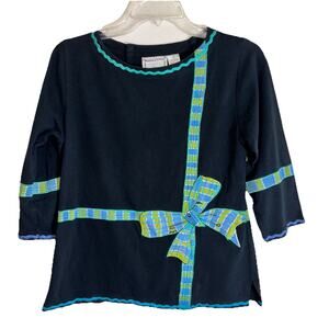 Michael Simon Lite Black 3/4 Sleeve Top Plaid Bow Appliqué Embroidered Sz Small